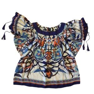 Sheer Orange/ Purple/ White Floral Print Short Sleeve Peasant Babydoll Top (L)
